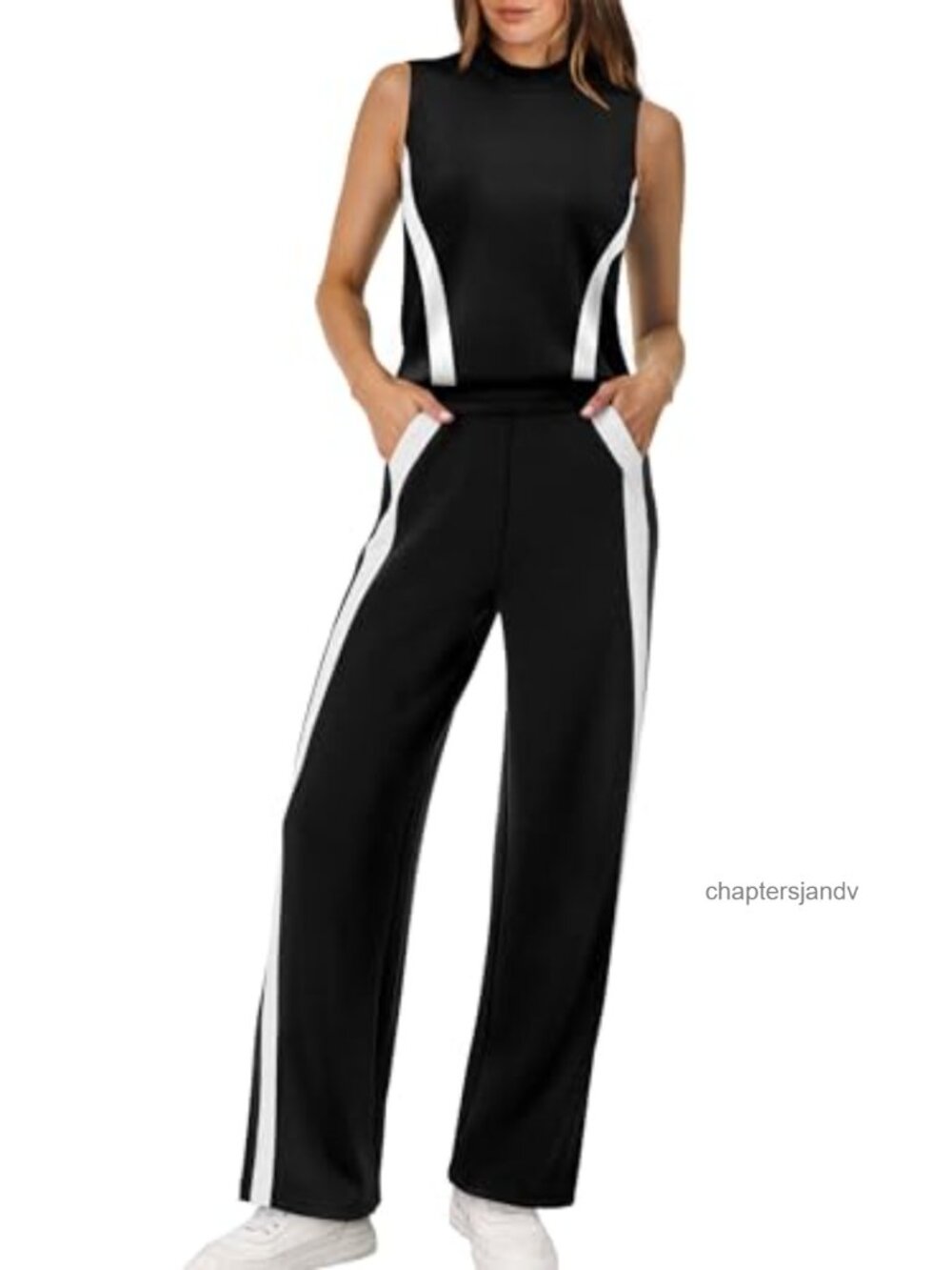 Two Piece Set Women Mock Neck Sleeveless Wide Leg Pants Travel Lounge